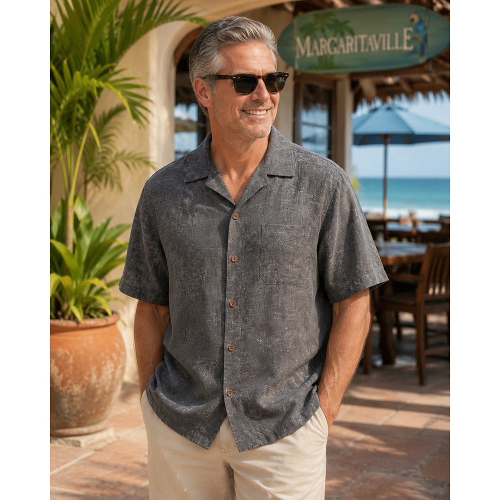 Margaritaville 100% Silk Camp Shirt Men's XL Gray Jacquard Hawaiian Aloha
